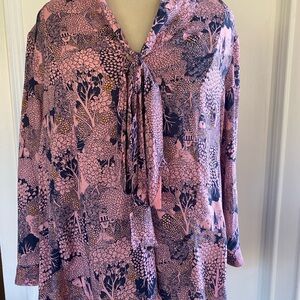 Anthropologie Pink and Navy Floral Blouse Tie Neck Blouse
